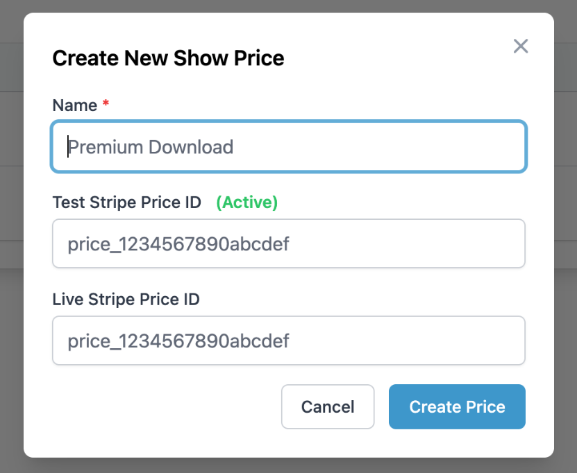 Create New Show Price modal